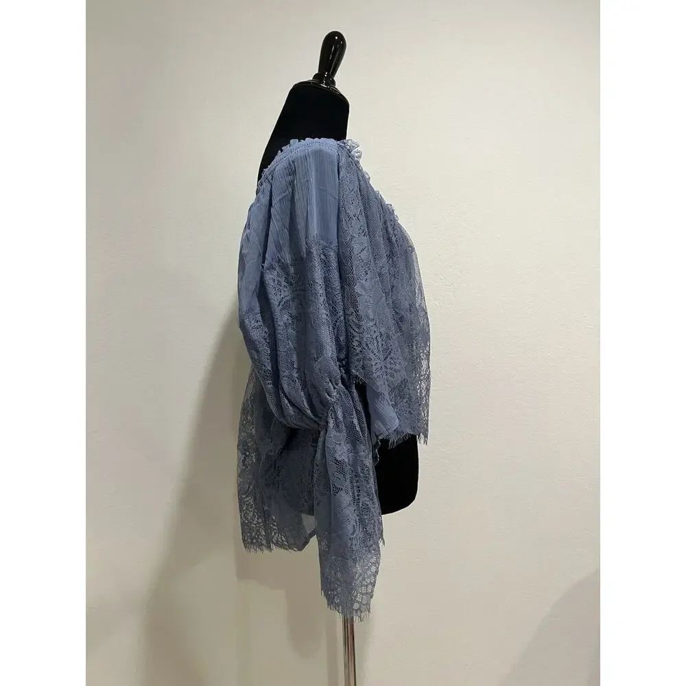 Free People Fairy Girl Lace Blouse Wild Wind Blue Size Medium